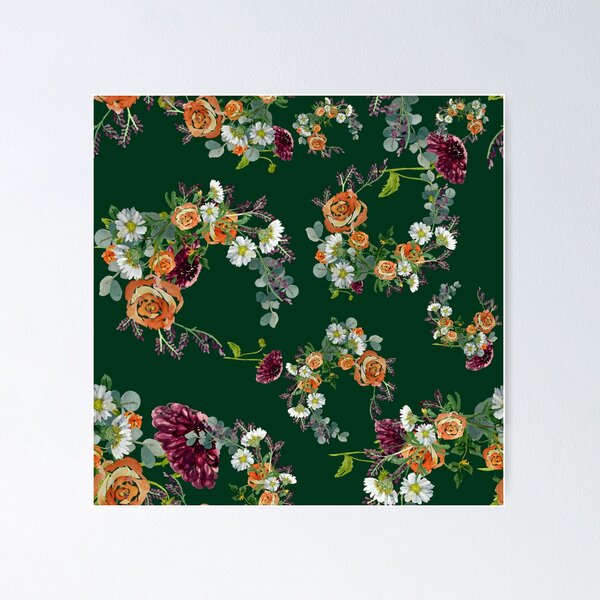 Artikelvorschau, Dahlia red rose daisy pattern watercolor green entworfen und verkauft von Yana Mustafina | Boho Soulful Designs.