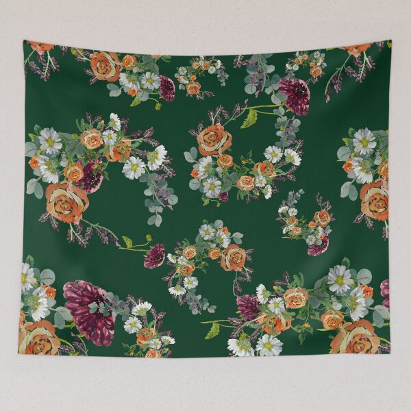Artikelvorschau, Dahlia red rose daisy pattern watercolor green entworfen und verkauft von Yana Mustafina | Boho Soulful Designs.
