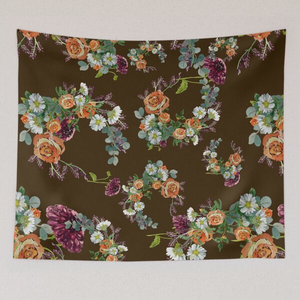 Item preview, Dahlia red rose daisy pattern watercolor brown designed and sold by Yana Mustafina | Boho Soulful Designs.