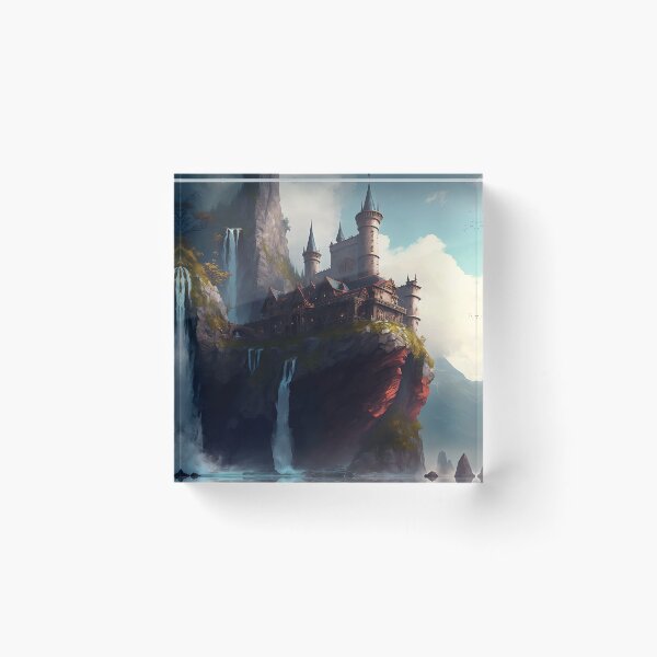 Item preview, Castle Overlooking Waterfalls on Cliff, Digital Art Landscape designed and sold by CosyBubble.