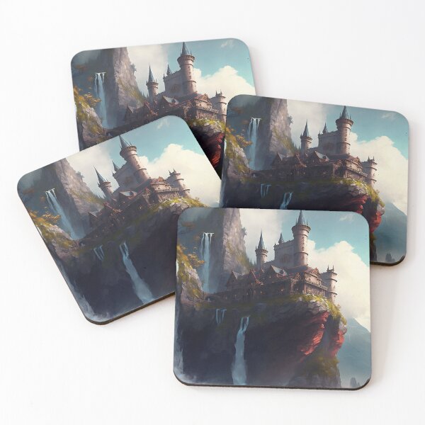 Item preview, Castle Overlooking Waterfalls on Cliff, Digital Art Landscape designed and sold by CosyBubble.