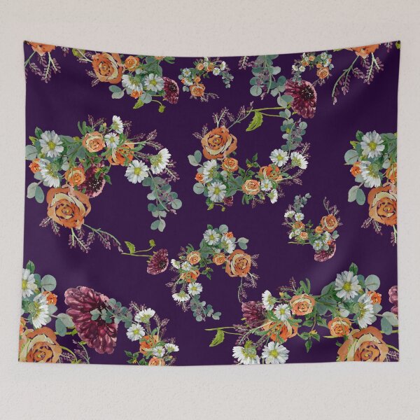 Item preview, Dahlia red rose daisy pattern watercolor violet designed and sold by Yana Mustafina | Boho Soulful Designs.