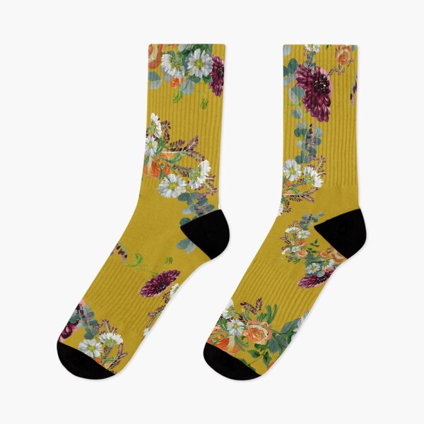 Aperçu de l'œuvre Dahlia red rose daisy pattern watercolor yellow créée et vendue par Yana Mustafina | Boho Soulful Designs.