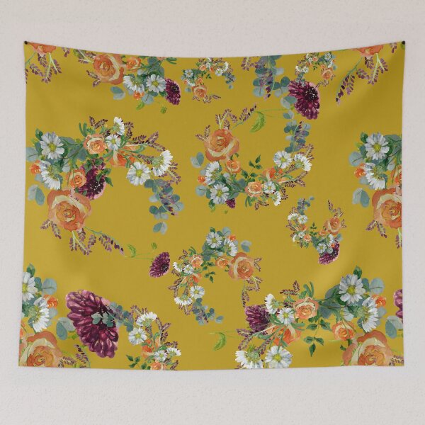 Item preview, Dahlia red rose daisy pattern watercolor yellow designed and sold by Yana Mustafina | Boho Soulful Designs.