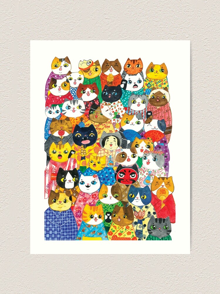 "Cats in Yukata" Art Print by jessthechen Redbubble