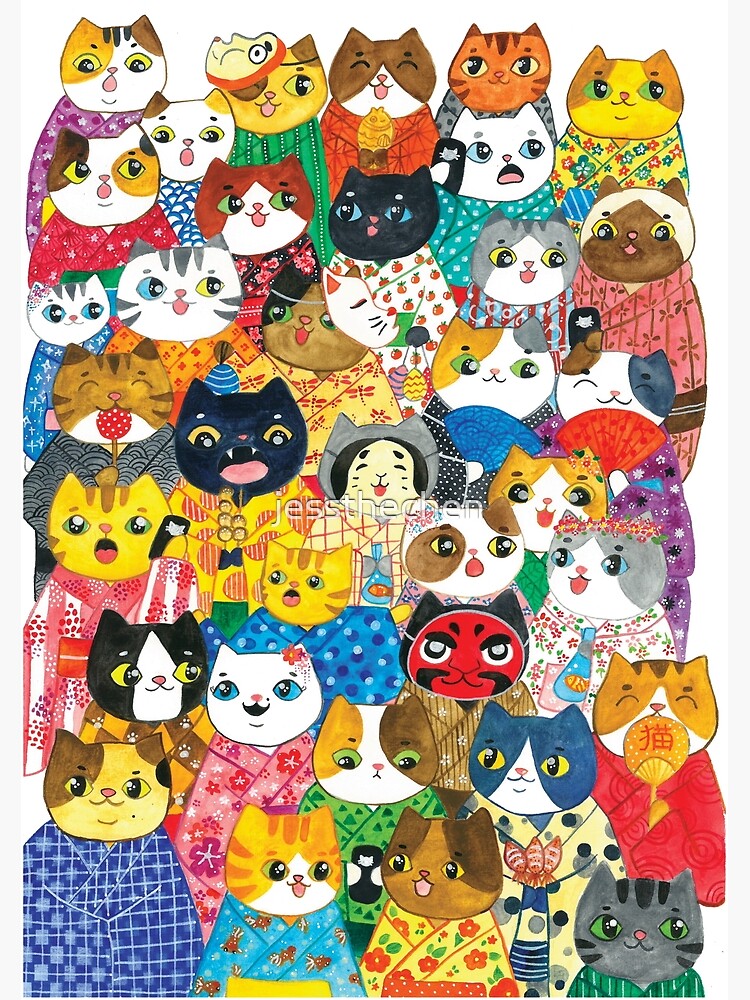 "Cats in Yukata" Art Print by jessthechen Redbubble