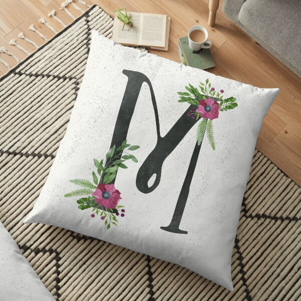 Monogram M with Floral Wreath Floor Pillow