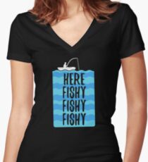 Here Fishy Fishy Fishy (white) Women's Fitted V-Neck T-Shirt