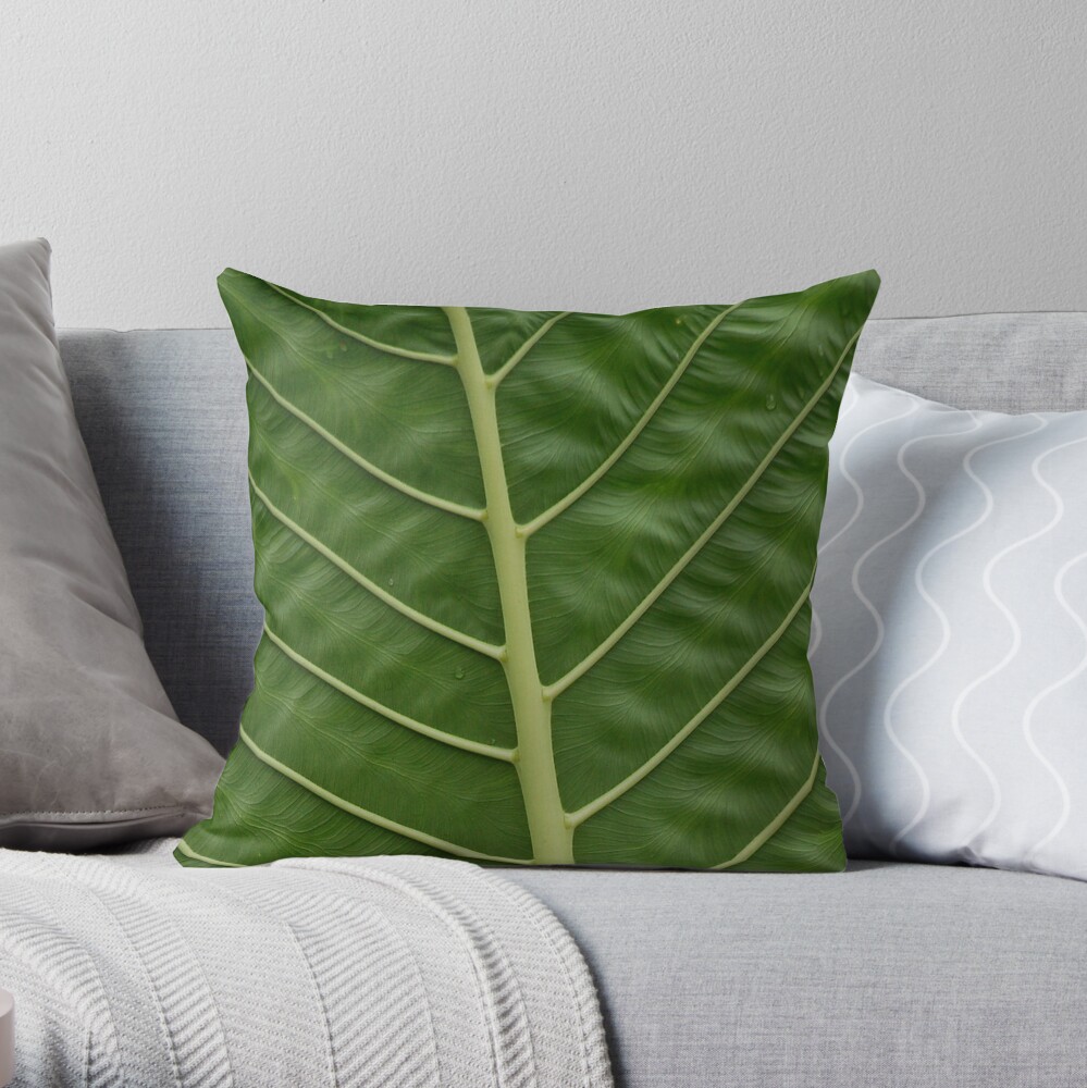 Green Tropical Rainforest Taro Leaf Veins Pattern Throw Pillow