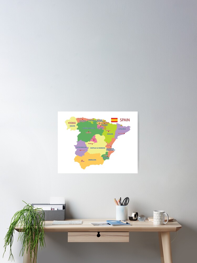 Spain map with regions and main cities Sticker