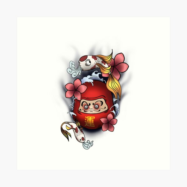 A6 Giapponese Daruma Doll & Cherry Blossoms Mini Tattoo Print -  Italia