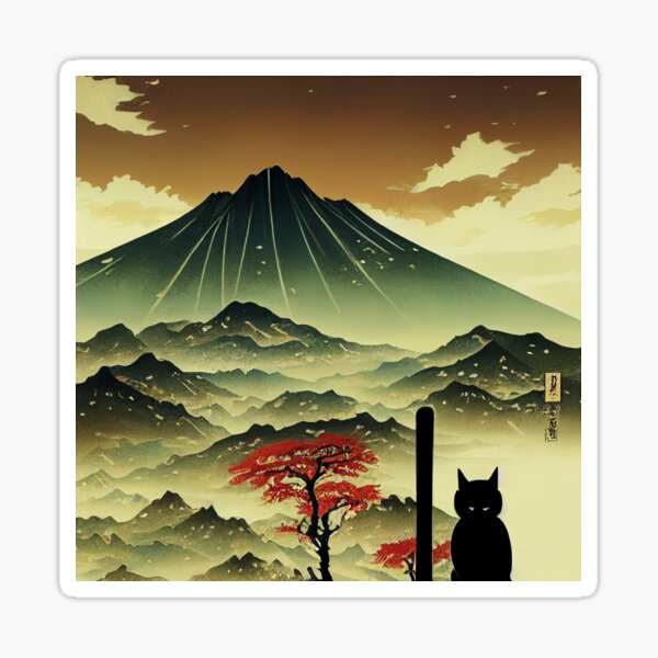 Item preview, Beautiful Manga Japanese Mountain Scene with Cat designed and sold by GoateeCo.