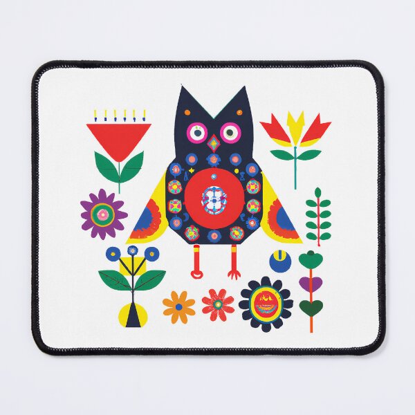 Item preview, Swedish folk art style floral art with Owl & flowers, Mid Centry Modern Aesthetic designed and sold by RoyalRepublics.