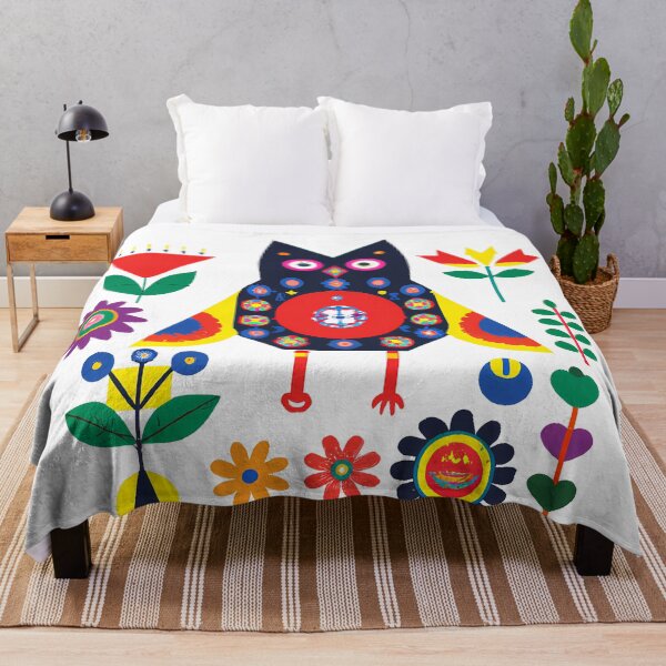 Item preview, Swedish folk art style floral art with Owl & flowers, Mid Centry Modern Aesthetic designed and sold by RoyalRepublics.