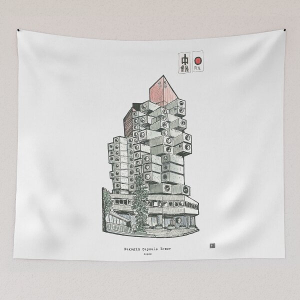 Item preview, Nagakin Capsule Tower Tokyo Japan Pen and Ink Illustration designed and sold by Wall-Art-Sketch.