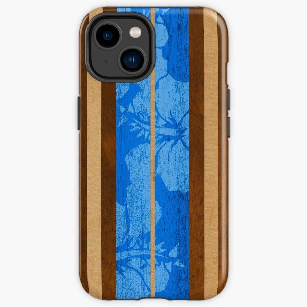 Haleiwa Hawaiian Faux Koa Wood Surfboard - Ocean Blue iPhone Tough Case