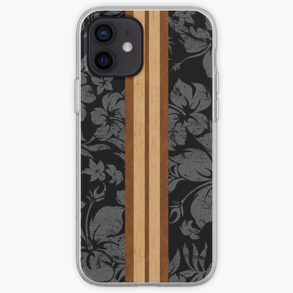Sunset Beach Hawaiian Faux Koa Wood Surfboard - Black and Gray iPhone Soft Case