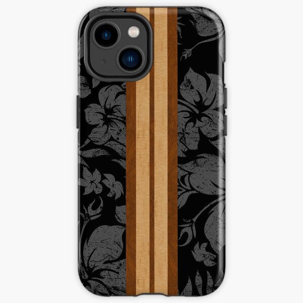 Sunset Beach Hawaiian Faux Koa Wood Surfboard - Black and Gray iPhone Tough Case