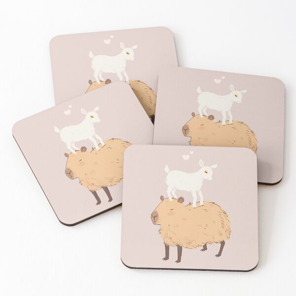 Item preview, Capybara with a baby goat friend standing on its head - a cute cartoon capybara illustration pink version designed and sold by Yarafantasyart.