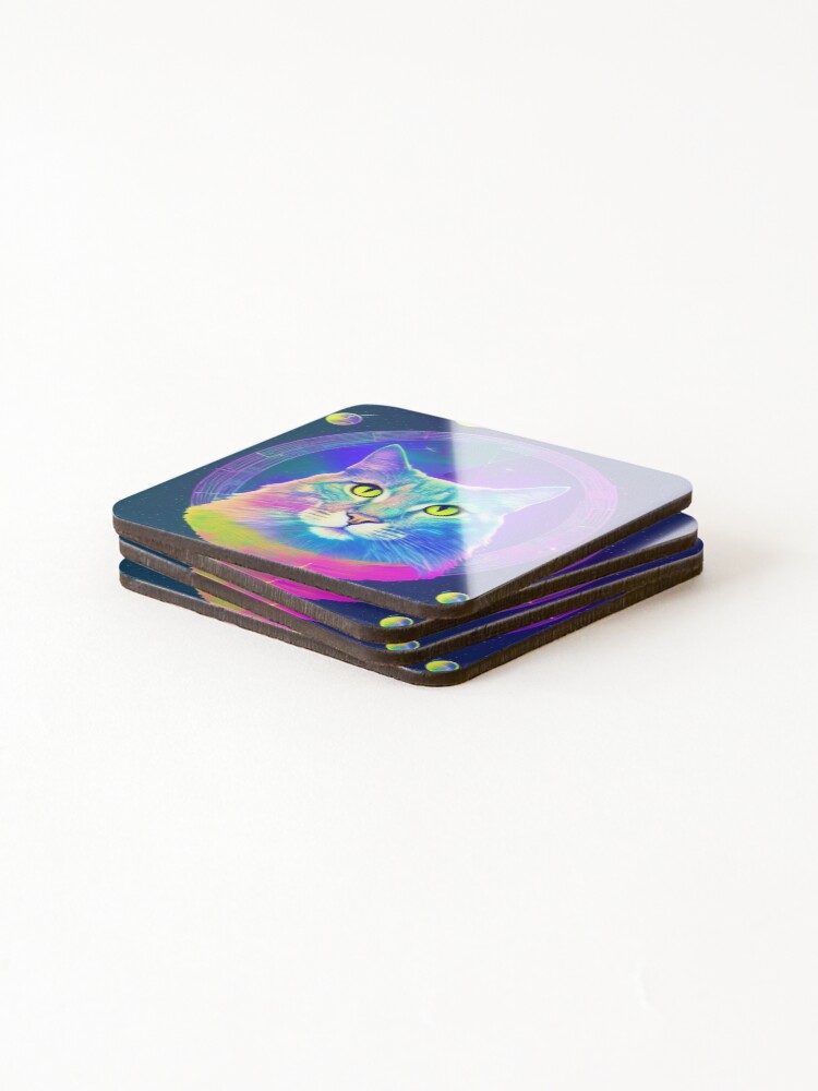 Thumbnail 4 of 5, Coasters (Set of 4), Colorful Space Cat designed and sold by AbstractWave.