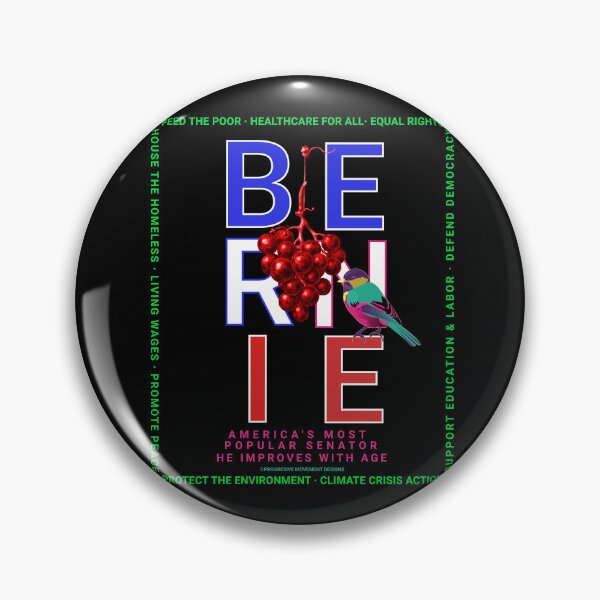 Artikelvorschau, PMD00121 Progressive Movement Designs Bernie mit rot-weiß-blauem Vogel, roten Trauben auf Schwarz für Progressive entworfen und verkauft von ProgressiveLeft.