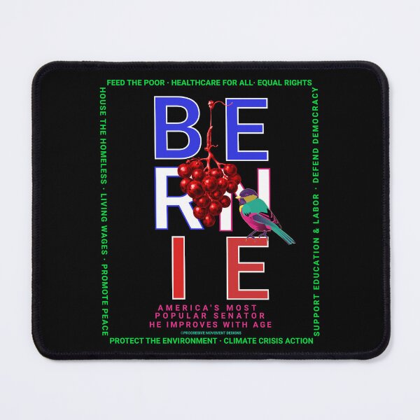 Aperçu de l'œuvre PMD00121 Progressive Movement Designs Bernie avec rouge blanc bleu oiseau raisins rouges sur noir pour progressistes créée et vendue par ProgressiveLeft.
