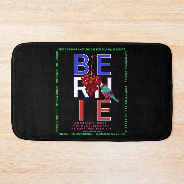 Aperçu de l'œuvre PMD00121 Progressive Movement Designs Bernie avec rouge blanc bleu oiseau raisins rouges sur noir pour progressistes créée et vendue par ProgressiveLeft.