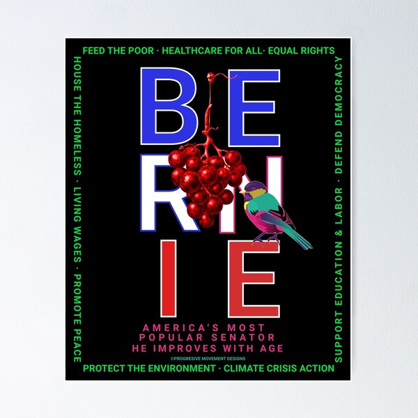 Aperçu de l'œuvre PMD00121 Progressive Movement Designs Bernie avec rouge blanc bleu oiseau raisins rouges sur noir pour progressistes créée et vendue par ProgressiveLeft.