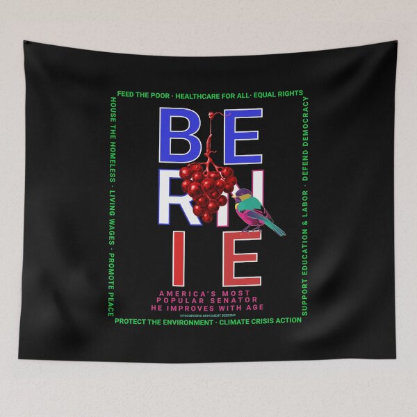 Artikelvorschau, PMD00121 Progressive Movement Designs Bernie mit rot-weiß-blauem Vogel, roten Trauben auf Schwarz für Progressive entworfen und verkauft von ProgressiveLeft.