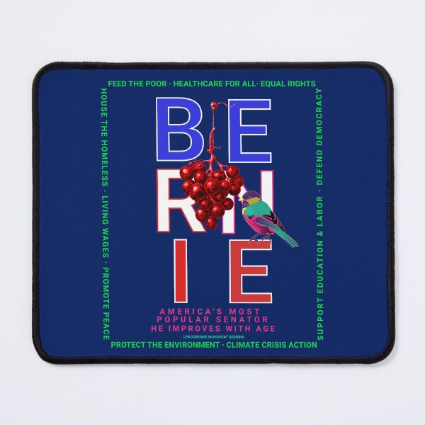 Aperçu de l'œuvre PMD00122 Progressive Movement Designs Bernie rouge blanc bleu oiseau raisins rouges sur bleu marine pour progressistes créée et vendue par ProgressiveLeft.
