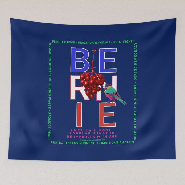 Artikelvorschau, PMD00122 Progressive Movement Designs Bernie, rot, weiß, blau, Vogel, rote Trauben auf Marineblau für Progressive entworfen und verkauft von ProgressiveLeft.