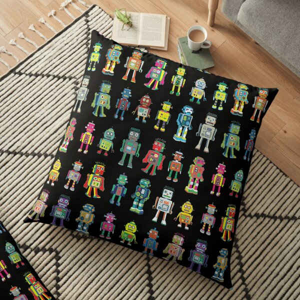 Robot Line-up on Black - fun pattern by Cecca Designs Floor Pillow