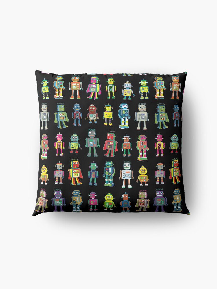Alternate view of Robot Line-up on Black - fun pattern by Cecca Designs Floor Pillow
