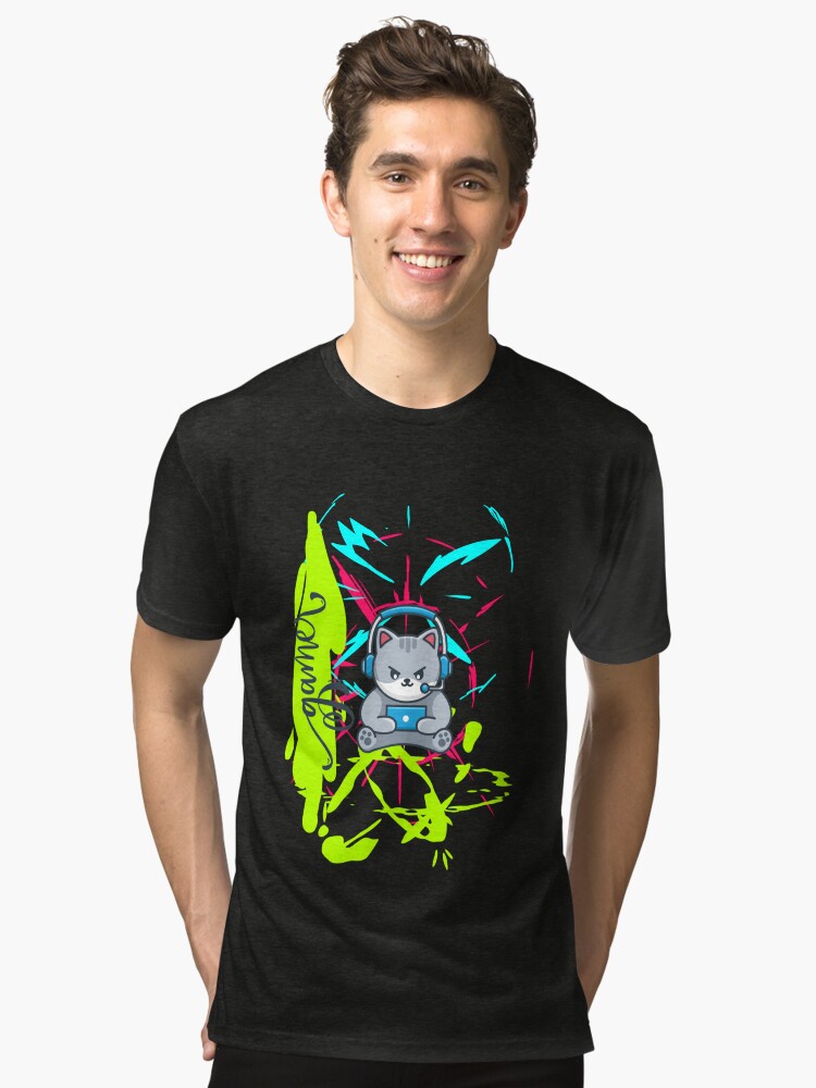 Thumbnail 1 of 7, Tri-blend T-Shirt, Colorful Cat Gamer designed and sold by OMdesign10.