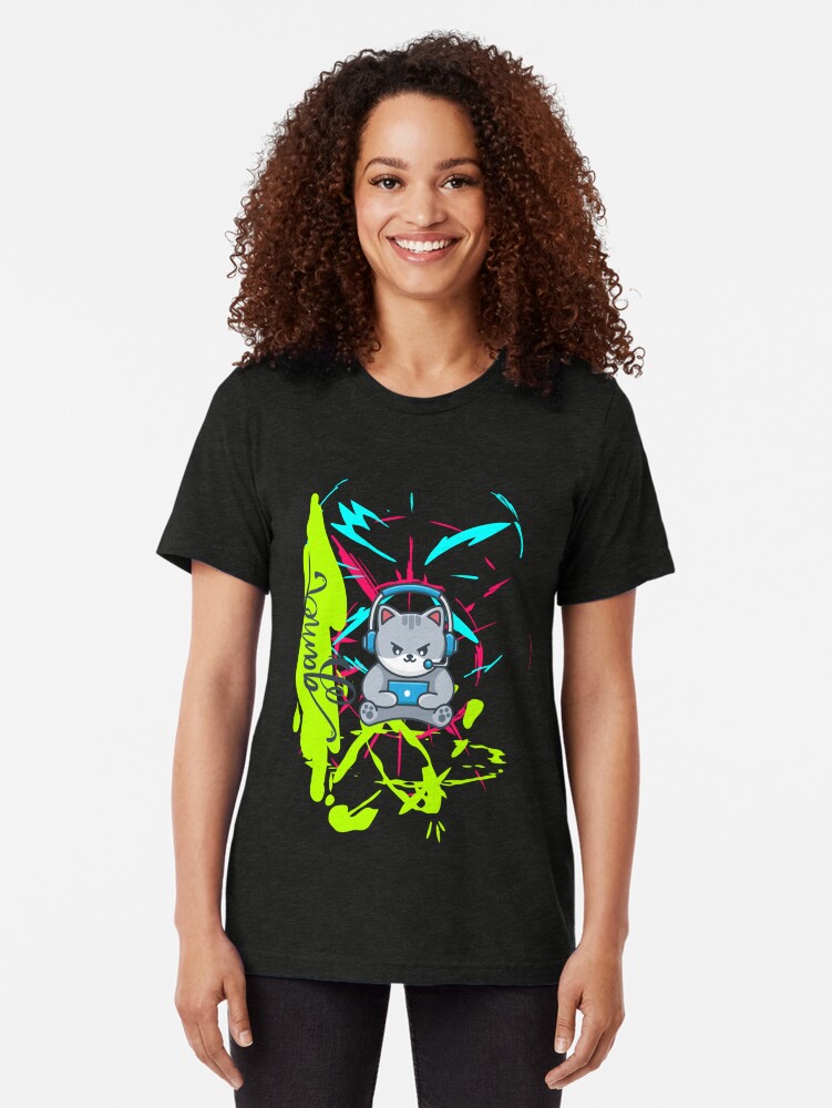 Thumbnail 2 of 7, Tri-blend T-Shirt, Colorful Cat Gamer designed and sold by OMdesign10.