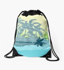 Big Sunset Hawaiian Stripe Surfers - Aqua & Lemon Drawstring Bag