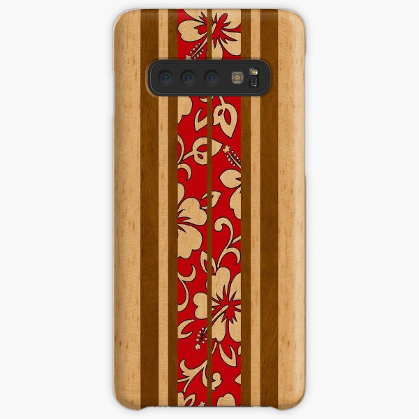 Pupukea Hawaiian Faux Koa Wood Surfboard with Red Hibiscus Pareau Samsung Galaxy Snap Case