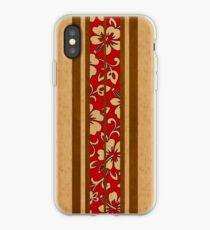 Pupukea Hawaiian Faux Koa Wood Surfboard with Red Hibiscus Pareau iPhone Case