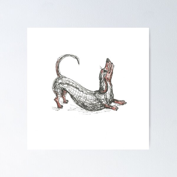 Item preview, Dachshund stretching. Long sausage dog, doxie, weiner, pen and ink illustration designed and sold by CandyMedusa.
