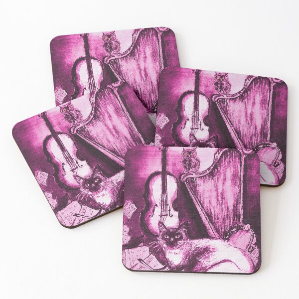 Item preview, MUSICAL CAT AND OWL WITH MUSIC INSTRUMENTS  Pink Fuchsia Purple White designed and sold by BulganLumini.