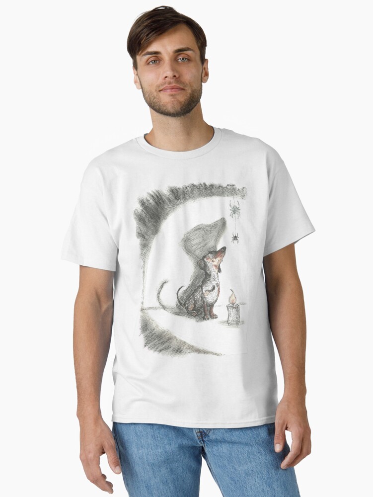 Thumbnail 1 of 7, Classic T-Shirt, Dachshund and spider. Spooky sausage dog, doxie shadow, illustration. designed and sold by CandyMedusa.