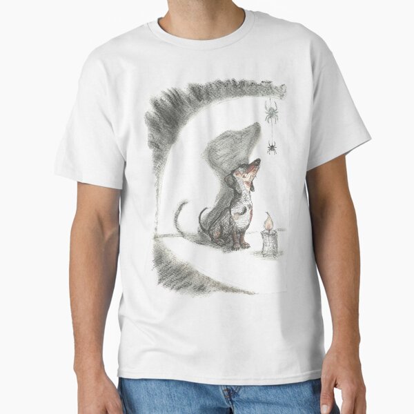 Dachshund and spider. Spooky sausage dog, doxie shadow, illustration. Classic T-Shirt