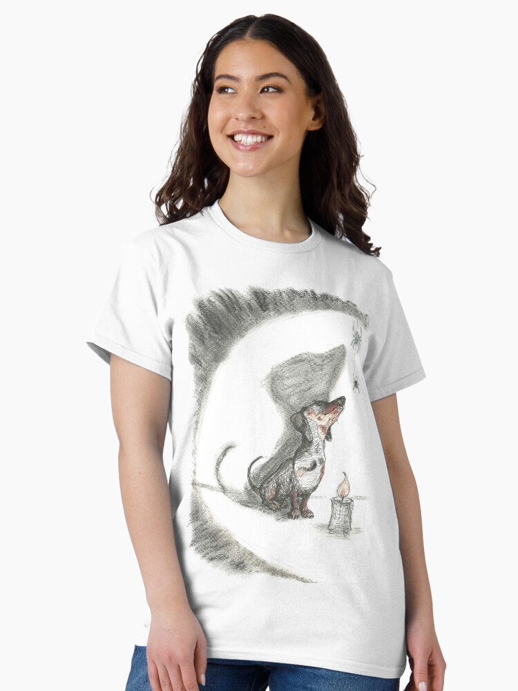 Thumbnail 2 of 7, Classic T-Shirt, Dachshund and spider. Spooky sausage dog, doxie shadow, illustration. designed and sold by CandyMedusa.