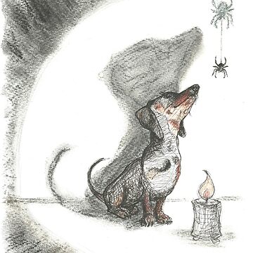 Artwork thumbnail, Dachshund and spider. Spooky sausage dog, doxie shadow, illustration. by CandyMedusa