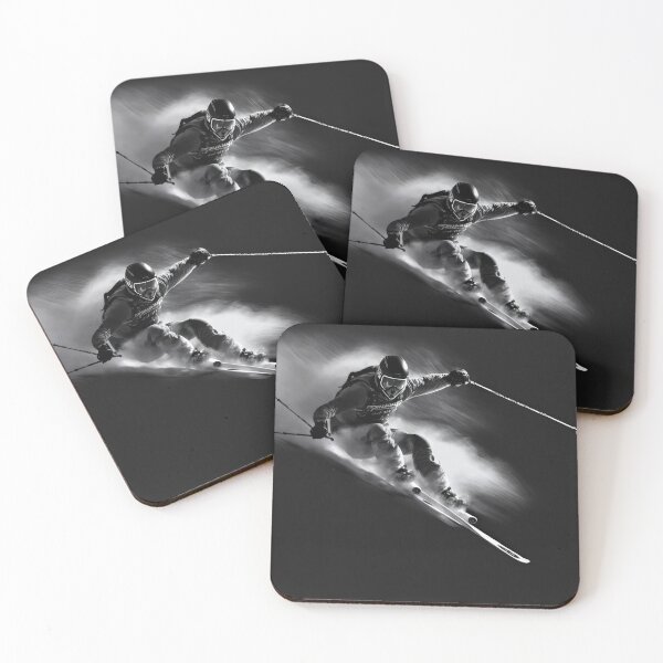 Item preview, Downhill Skiing sliding down, isolated on a black background, photorealistic designed and sold by MotivStyle.
