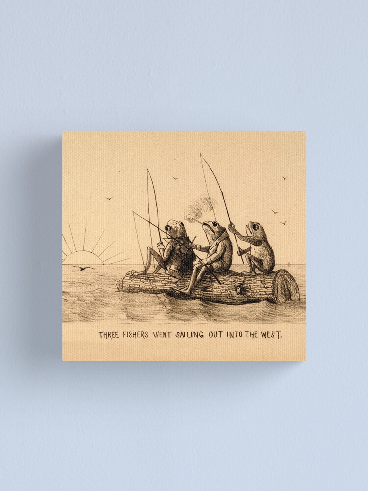 3 frogs fishing vintage drawing | Canvas Print