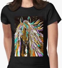 Pferdeabstraktes braunes blaues Gold Tailliertes T-Shirt für Frauen