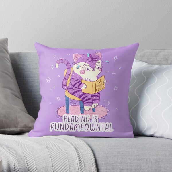 Reading is Fundameowntal - Funny Cat Pun Reading Meme Illustration Throw Pillow