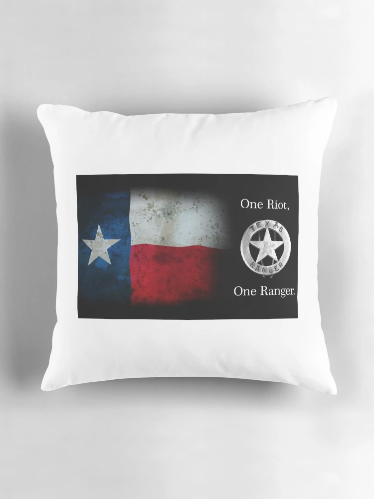 Thumbnail 3 of 4, Pillow, Texas Ranger Motto: One Riot . . . One Ranger designed and sold by Daniel Hagerman.