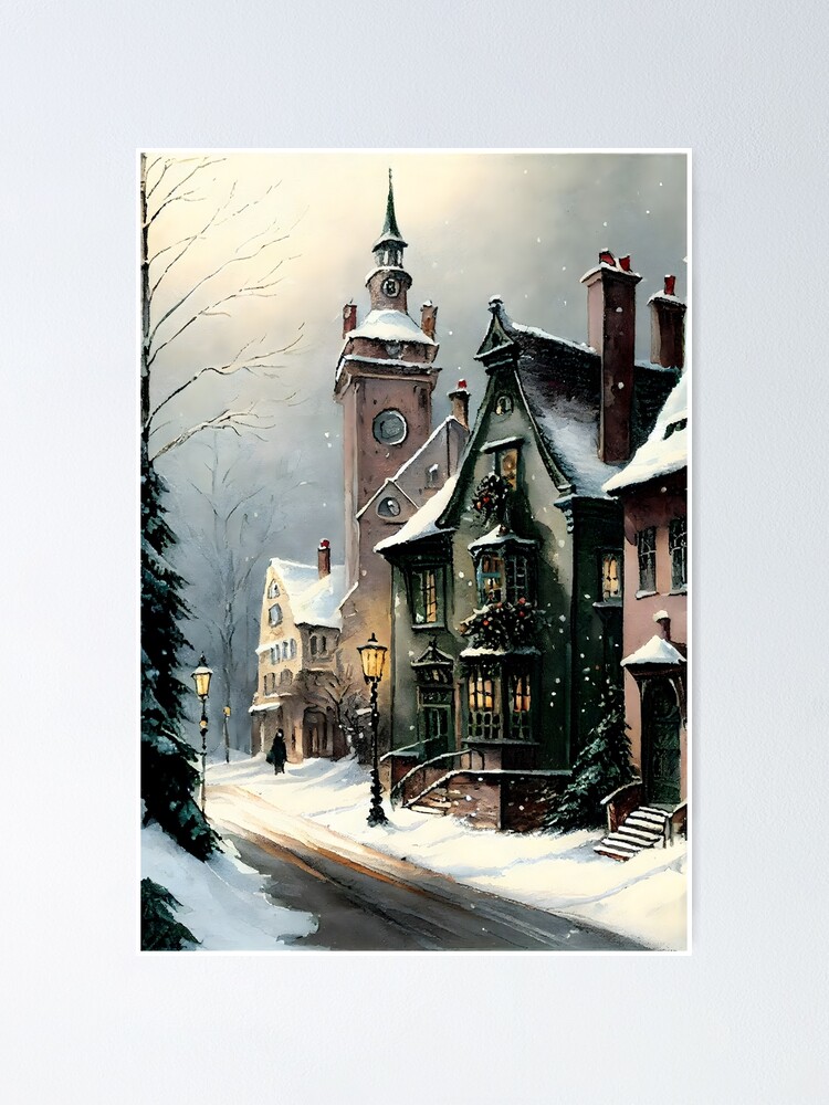 Snowing in a Victorian Vintage Christmas Scene Quaint European Village on  Christmas Eve Poster for Sale by CGSGraphics